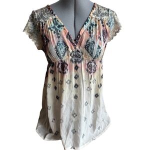 Vintage Y2K Dolled Up FANG Boho Fairy Lace Sleeve Empire Waist Flowy Indie Top